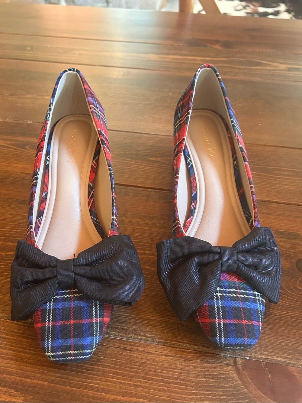 Crown and Ivy Red Tartan Pointed-Toe Flats with Black Bow